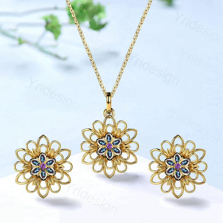 Unique Sunflower Alexandrite Necklace & Studs Earrings, Amethyst Pendant Stud Earrings, June Birthstone Anniversary Gifts For Women - PENFINE