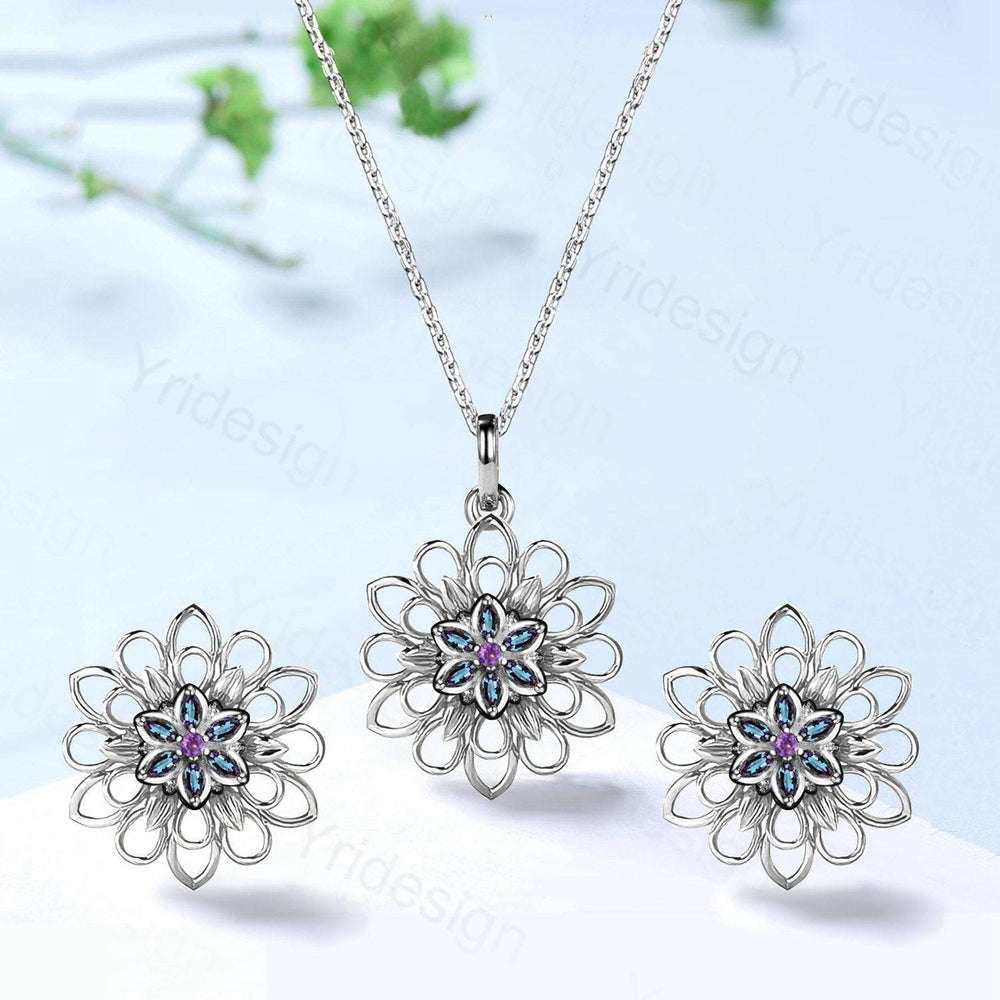 Unique Sunflower Alexandrite Necklace & Studs Earrings, Amethyst Pendant Stud Earrings, June Birthstone Anniversary Gifts For Women - PENFINE