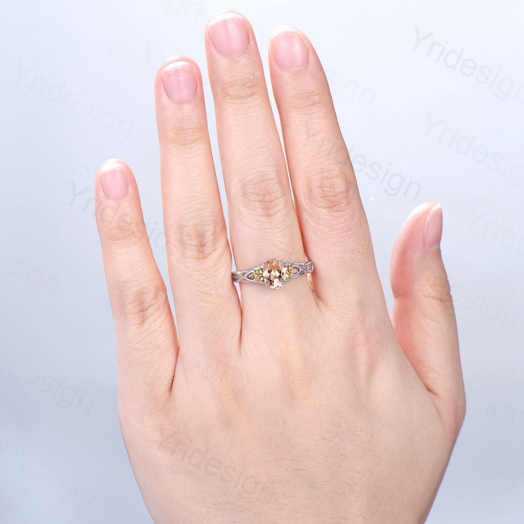 Celtic Knot Oval Morganite Engagement Ring Solid 14K/18K White Gold Unique Infinity Ring Cluster Citrine Wedding Ring Anniversary Gift Women - PENFINE