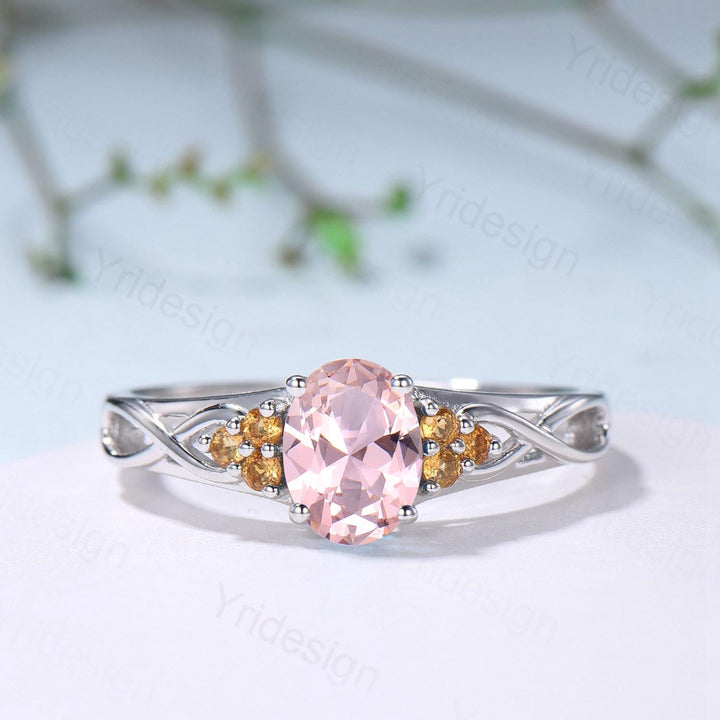 Celtic Knot Oval Morganite Engagement Ring Solid 14K/18K White Gold Unique Infinity Ring Cluster Citrine Wedding Ring Anniversary Gift Women - PENFINE