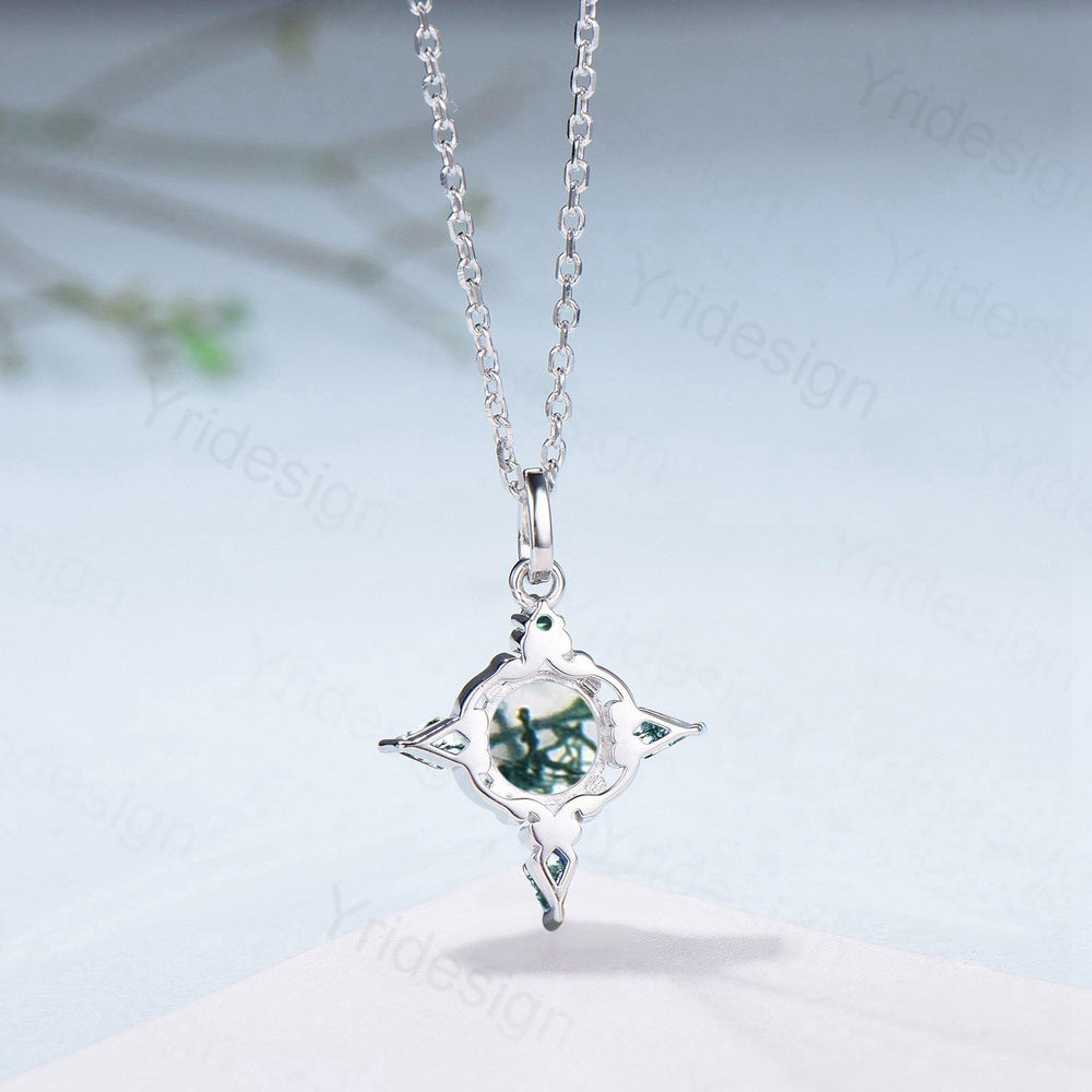 Unique Natural Moss Agate Pendant Necklace Celtic Knot Norse Viking Pendant 14K/18K White Gold Necklace Anniversary Birthday Gift for Women - PENFINE