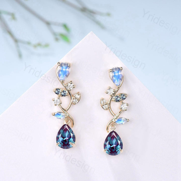 Nature Inspired Pear Shaped Alexandrite Earrings Emerald Moonstone Leaf Stud Earrings Vintage June Birthstone Anniversary Promise Gift Women - PENFINE