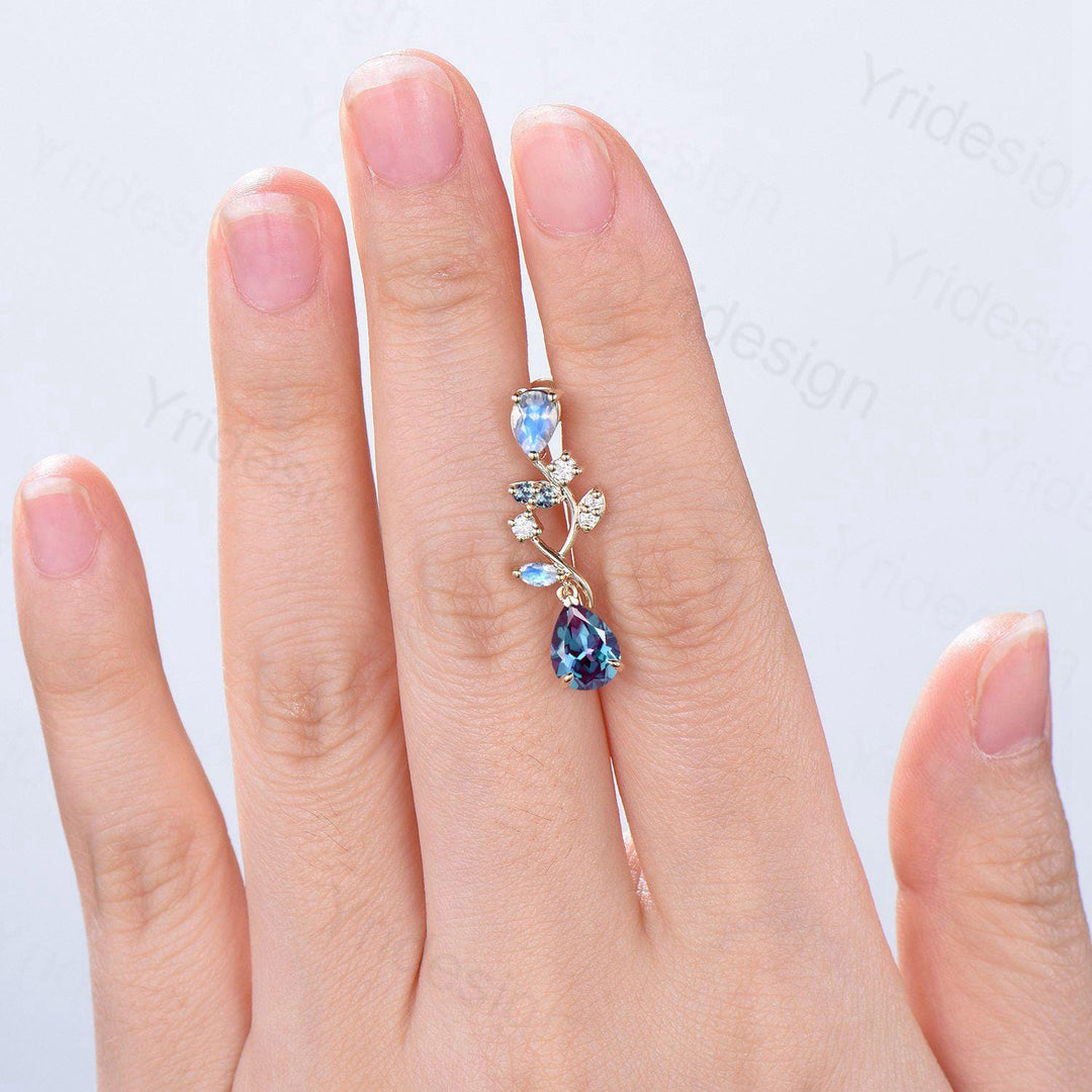 Nature Inspired Pear Shaped Alexandrite Earrings Emerald Moonstone Leaf Stud Earrings Vintage June Birthstone Anniversary Promise Gift Women - PENFINE