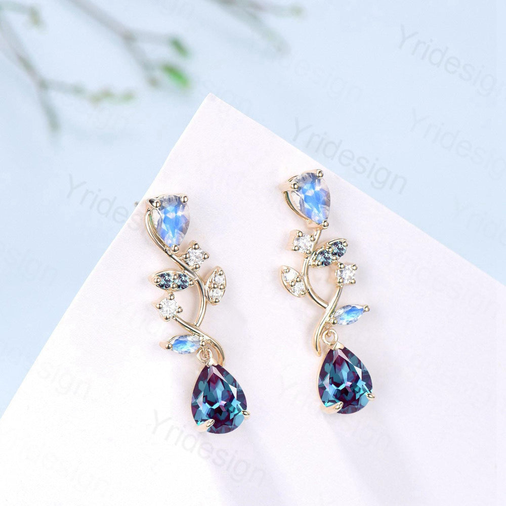Nature Inspired Pear Shaped Alexandrite Earrings Emerald Moonstone Leaf Stud Earrings Vintage June Birthstone Anniversary Promise Gift Women - PENFINE