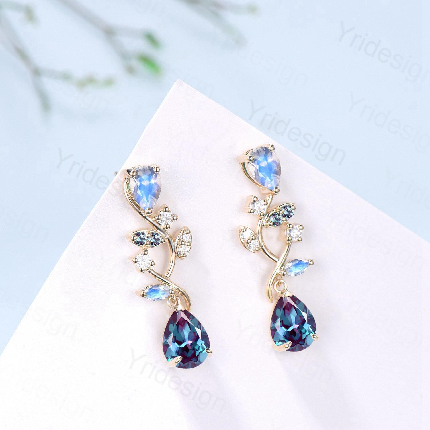Nature Inspired Pear Shaped Alexandrite Earrings Emerald Moonstone Leaf Stud Earrings Vintage June Birthstone Anniversary Promise Gift Women - PENFINE