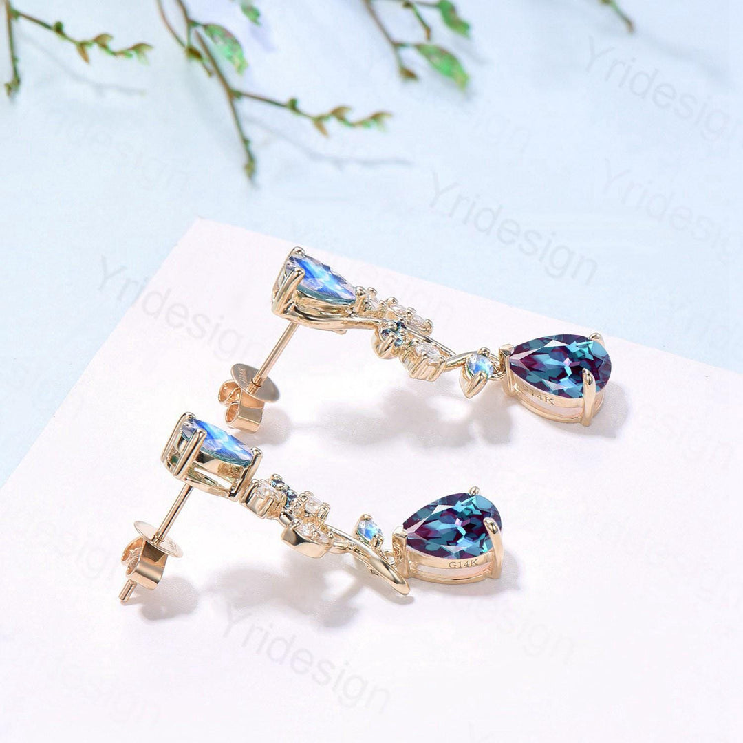 Nature Inspired Pear Shaped Alexandrite Earrings Emerald Moonstone Leaf Stud Earrings Vintage June Birthstone Anniversary Promise Gift Women - PENFINE