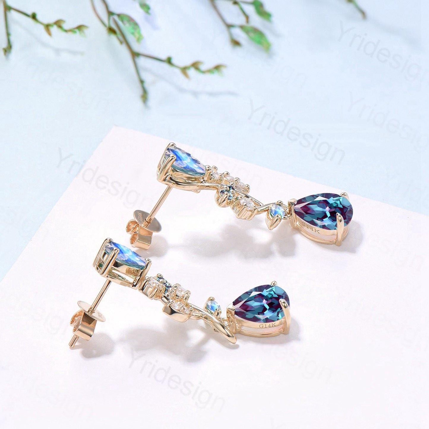 Nature Inspired Pear Shaped Alexandrite Earrings Emerald Moonstone Leaf Stud Earrings Vintage June Birthstone Anniversary Promise Gift Women - PENFINE