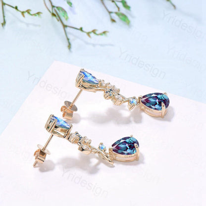 Nature Inspired Pear Shaped Alexandrite Earrings Emerald Moonstone Leaf Stud Earrings Vintage June Birthstone Anniversary Promise Gift Women - PENFINE