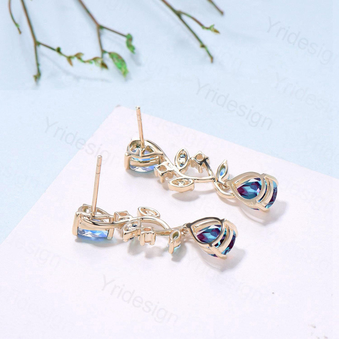 Nature Inspired Pear Shaped Alexandrite Earrings Emerald Moonstone Leaf Stud Earrings Vintage June Birthstone Anniversary Promise Gift Women - PENFINE