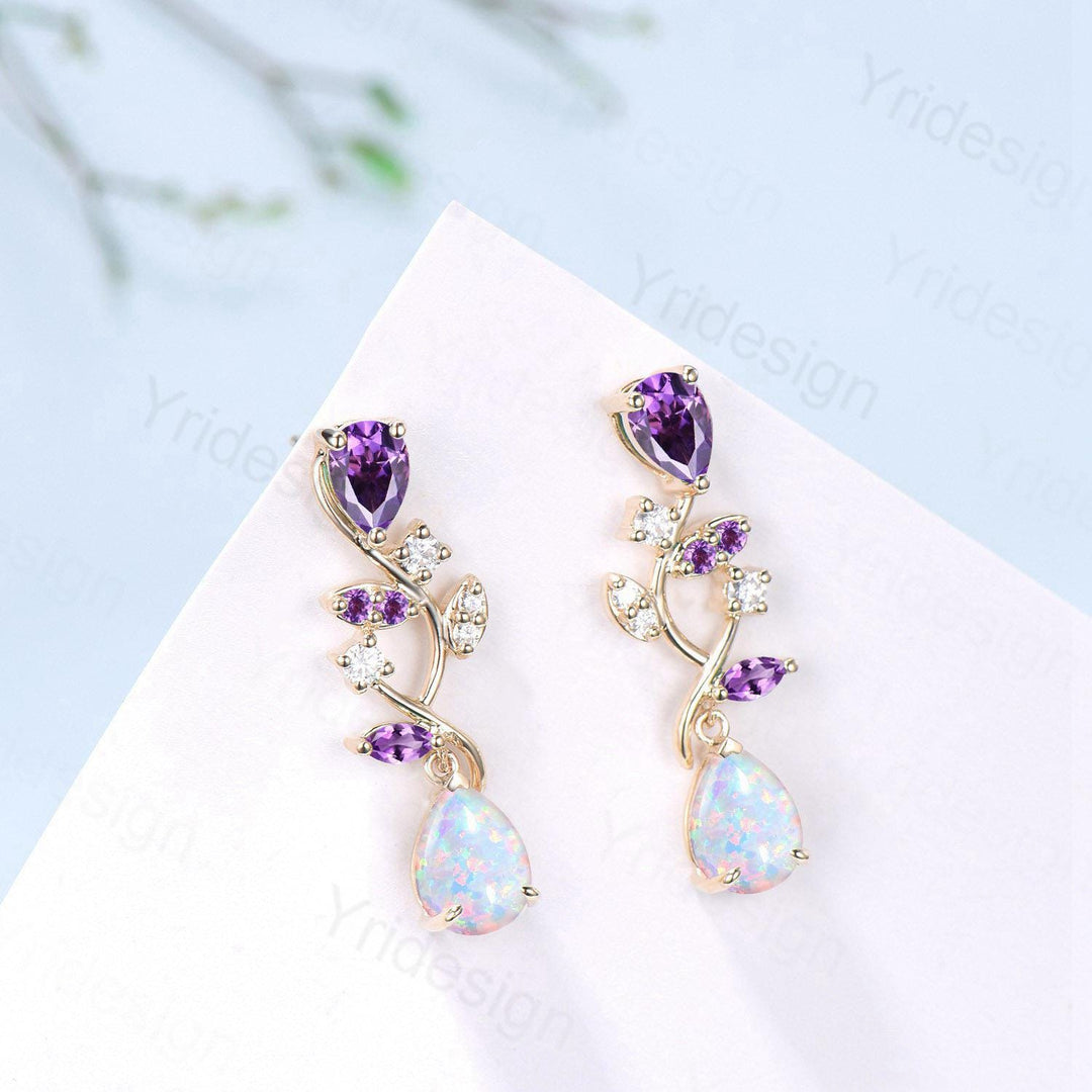 Nature Inspired Opal Earrings Amethyst Pear Shaped White Fire Opal Leaf Stud Earrings Silver Earrings Handmade Anniversary Promise Gift - PENFINE