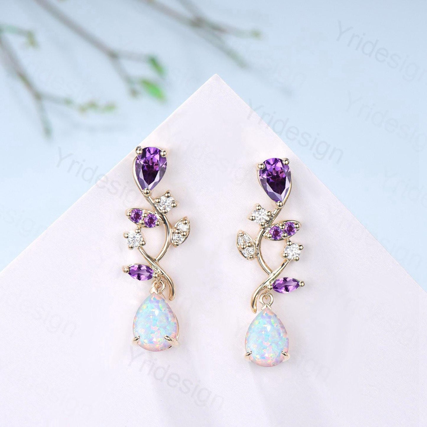 Nature Inspired Opal Earrings Amethyst Pear Shaped White Fire Opal Leaf Stud Earrings Silver Earrings Handmade Anniversary Promise Gift - PENFINE