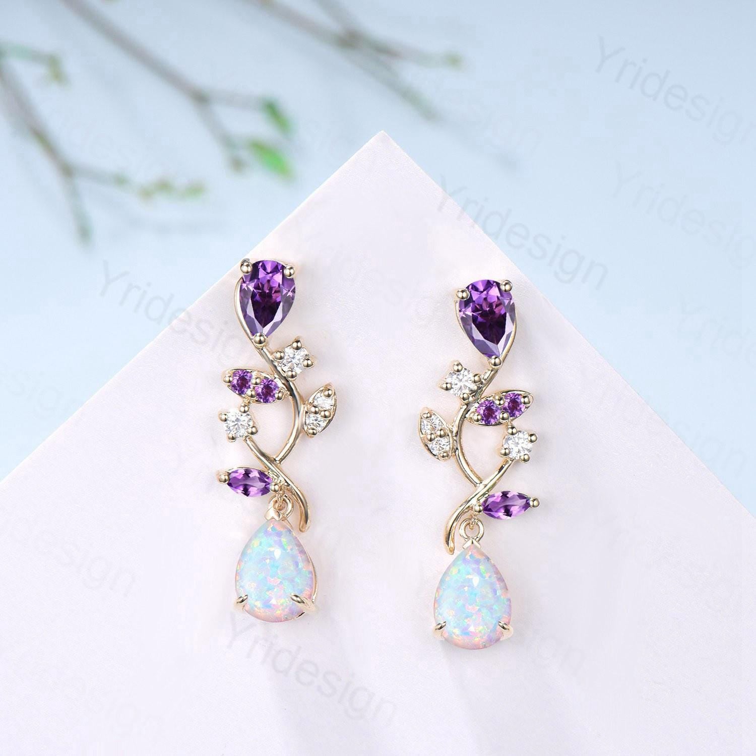 Nature Inspired Opal Earrings Amethyst Pear Shaped White Fire Opal Leaf Stud Earrings Silver Earrings Handmade Anniversary Promise Gift - PENFINE