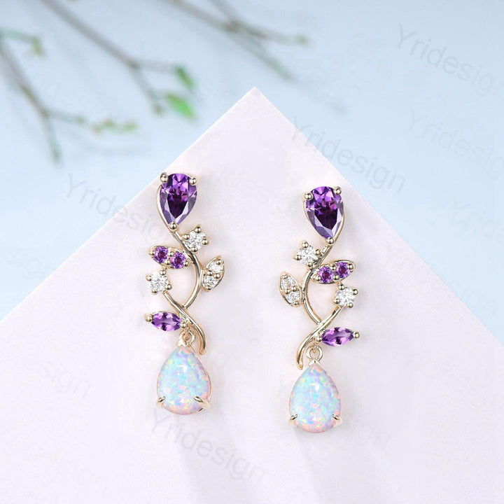 Nature Inspired Opal Earrings Amethyst Pear Shaped White Fire Opal Leaf Stud Earrings Silver Earrings Handmade Anniversary Promise Gift - PENFINE