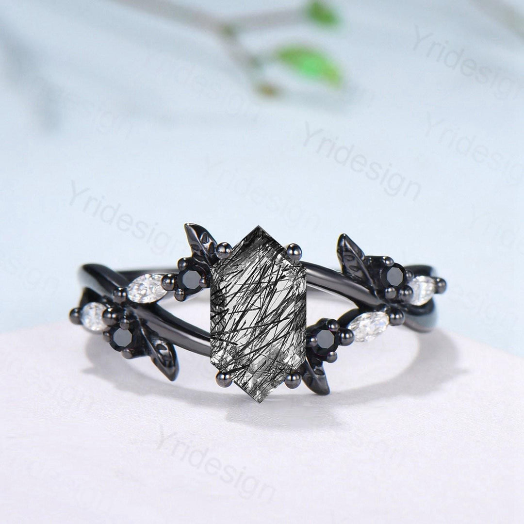 Art Deco Long Hexagon Cut Black Rutilated Quartz Engagement Ring Black Gold Gothic Engagement Ring Leaf Vine Black Spinel Moissanite Band - PENFINE
