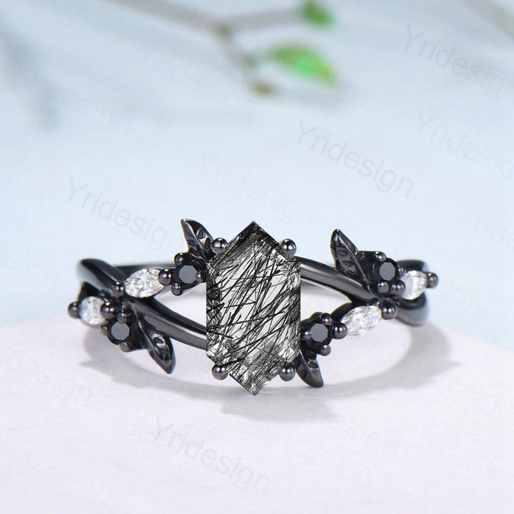 Art Deco Long Hexagon Cut Black Rutilated Quartz Engagement Ring Black Gold Gothic Engagement Ring Leaf Vine Black Spinel Moissanite Band - PENFINE