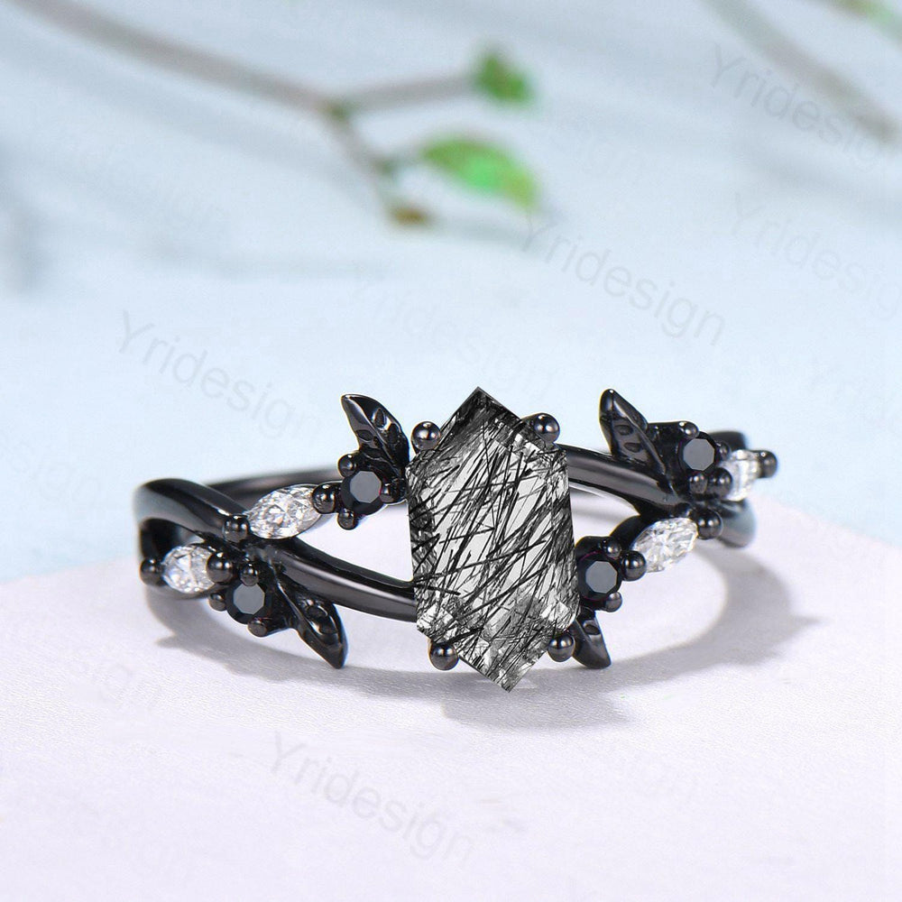 Art Deco Long Hexagon Cut Black Rutilated Quartz Engagement Ring Black Gold Gothic Engagement Ring Leaf Vine Black Spinel Moissanite Band - PENFINE