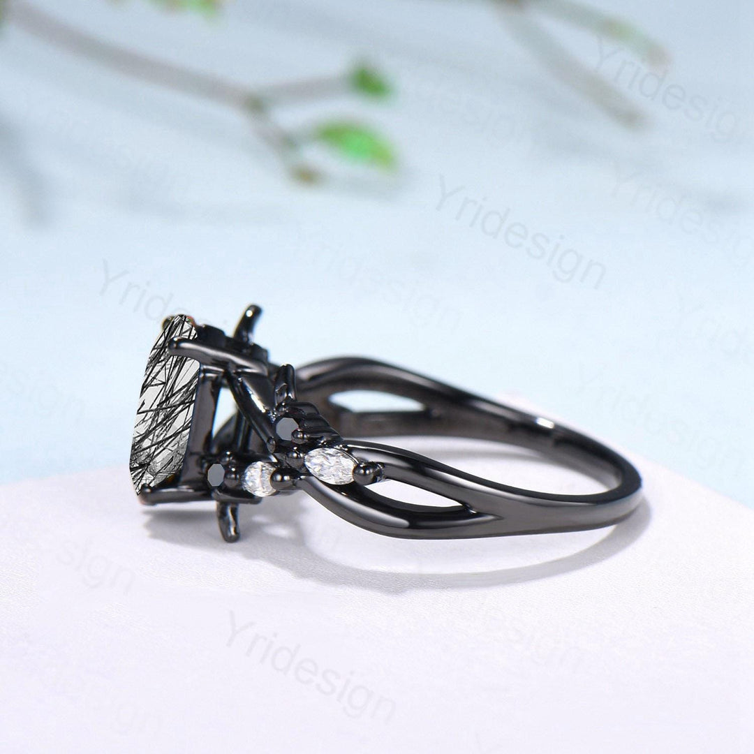Art Deco Long Hexagon Cut Black Rutilated Quartz Engagement Ring Black Gold Gothic Engagement Ring Leaf Vine Black Spinel Moissanite Band - PENFINE