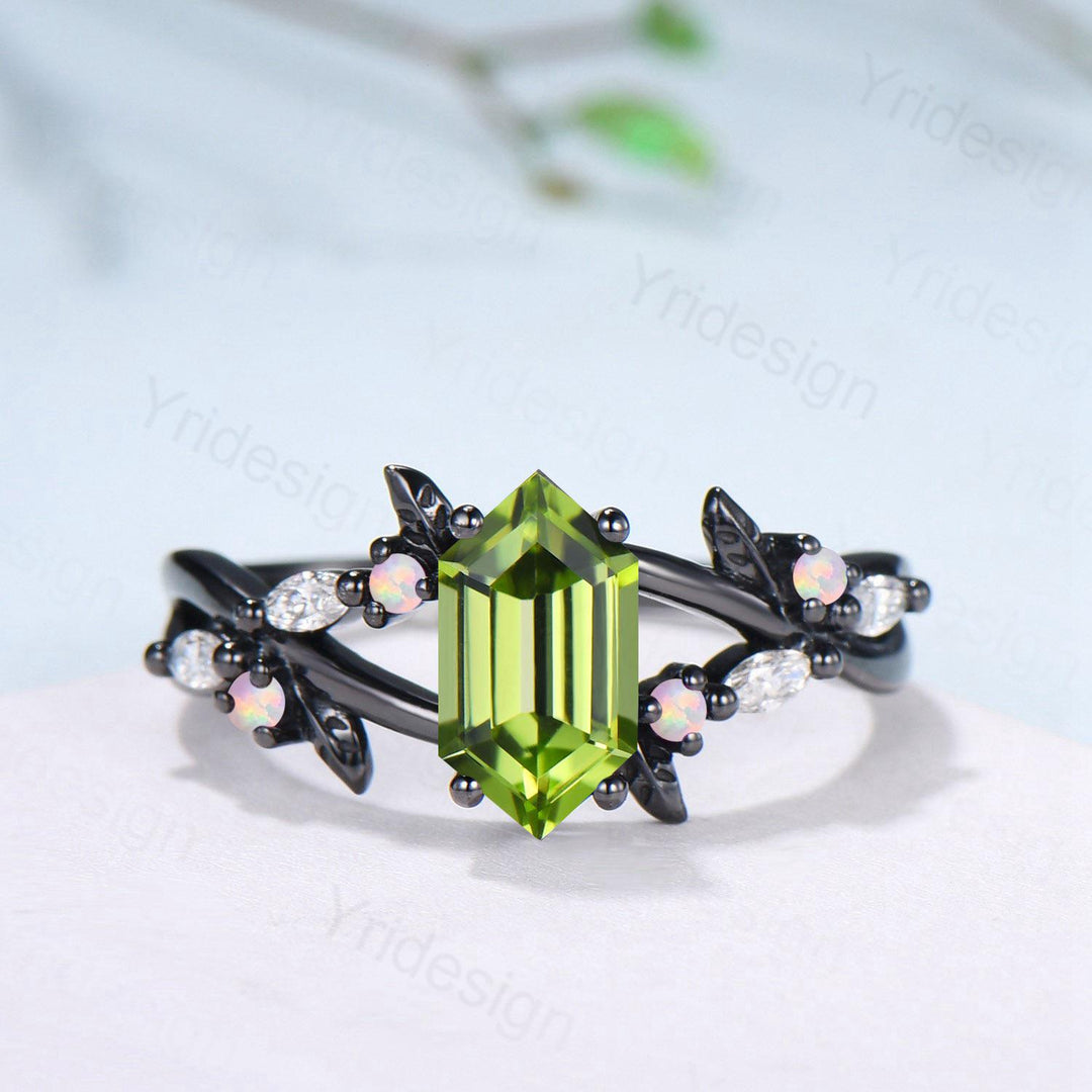 Unique Black Gold Natural Peridot Engagement Ring, Gothic Opal Moissanite Leaf Vine Wedding Ring Long Hexagon Cut August Birthstone Jewelry - PENFINE