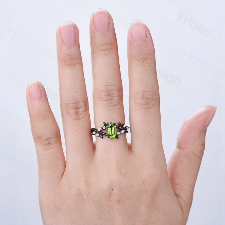 Unique Black Gold Natural Peridot Engagement Ring, Gothic Opal Moissanite Leaf Vine Wedding Ring Long Hexagon Cut August Birthstone Jewelry - PENFINE
