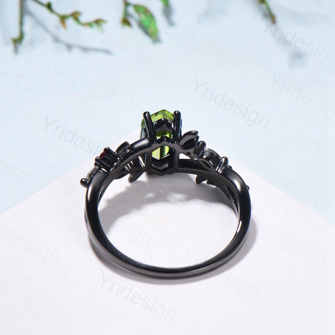 Unique Black Gold Natural Peridot Engagement Ring, Gothic Opal Moissanite Leaf Vine Wedding Ring Long Hexagon Cut August Birthstone Jewelry - PENFINE