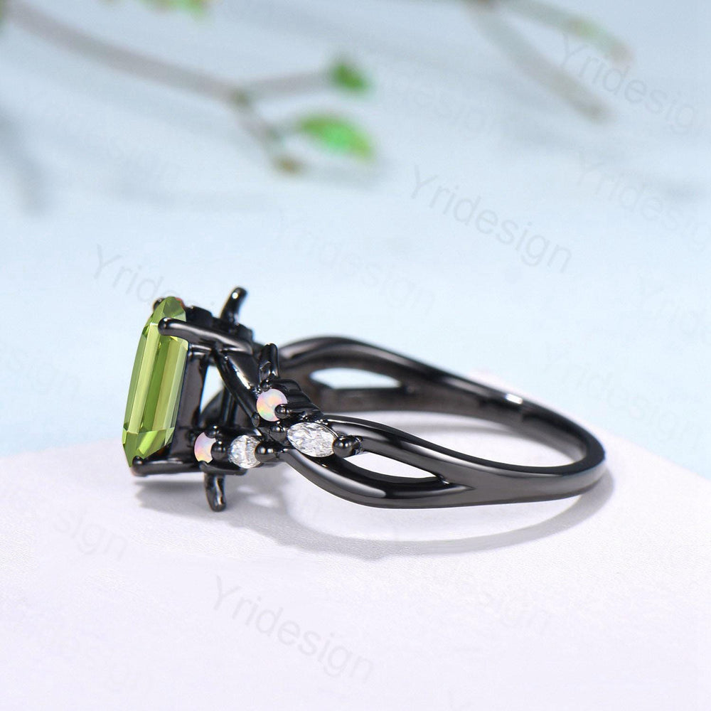 Unique Black Gold Natural Peridot Engagement Ring, Gothic Opal Moissanite Leaf Vine Wedding Ring Long Hexagon Cut August Birthstone Jewelry - PENFINE
