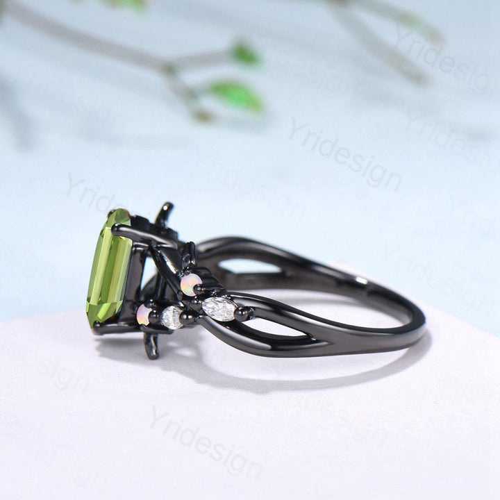 Unique Black Gold Natural Peridot Engagement Ring, Gothic Opal Moissanite Leaf Vine Wedding Ring Long Hexagon Cut August Birthstone Jewelry - PENFINE