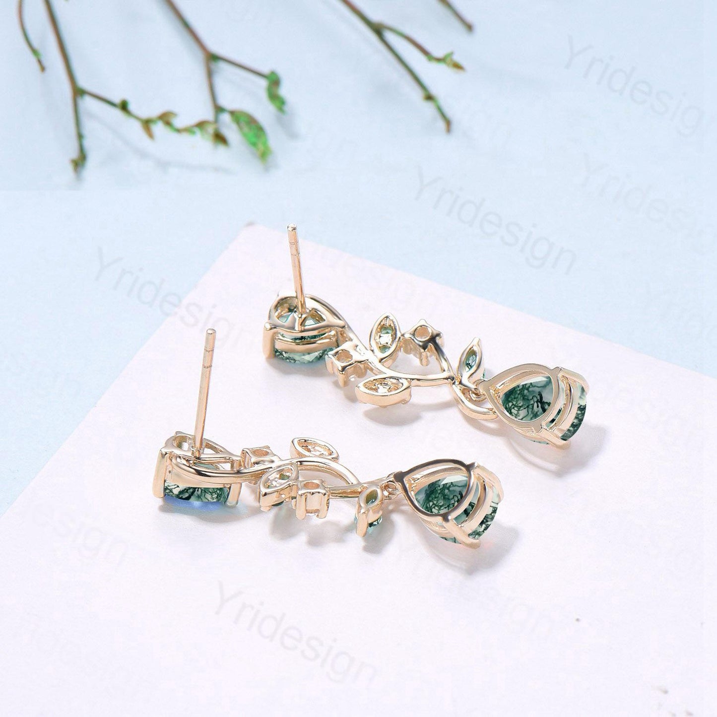 Elegant Moss Agate Earrings Nature Inspired Pear Shaped Studs Earrings Leaf Vine Stud Earrings Handmade Anniversary Promise Gift for Women - PENFINE