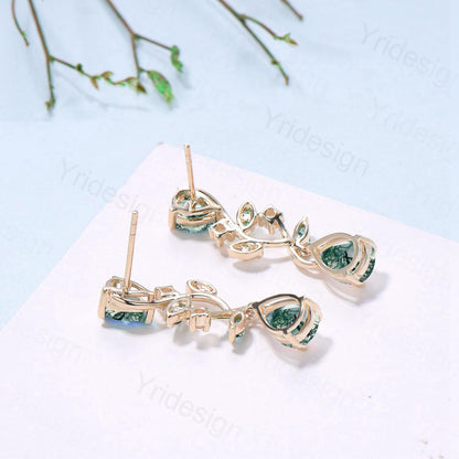 Elegant Moss Agate Earrings Nature Inspired Pear Shaped Studs Earrings Leaf Vine Stud Earrings Handmade Anniversary Promise Gift for Women - PENFINE