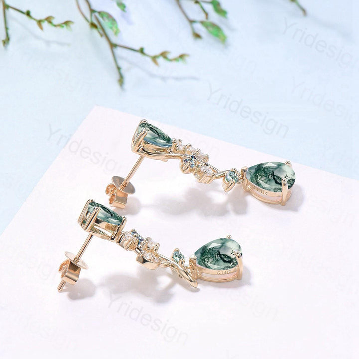 Elegant Moss Agate Earrings Nature Inspired Pear Shaped Studs Earrings Leaf Vine Stud Earrings Handmade Anniversary Promise Gift for Women - PENFINE