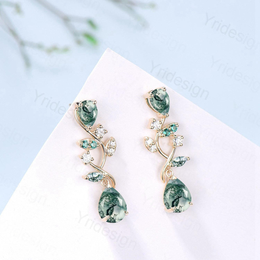 Elegant Moss Agate Earrings Nature Inspired Pear Shaped Studs Earrings Leaf Vine Stud Earrings Handmade Anniversary Promise Gift for Women - PENFINE