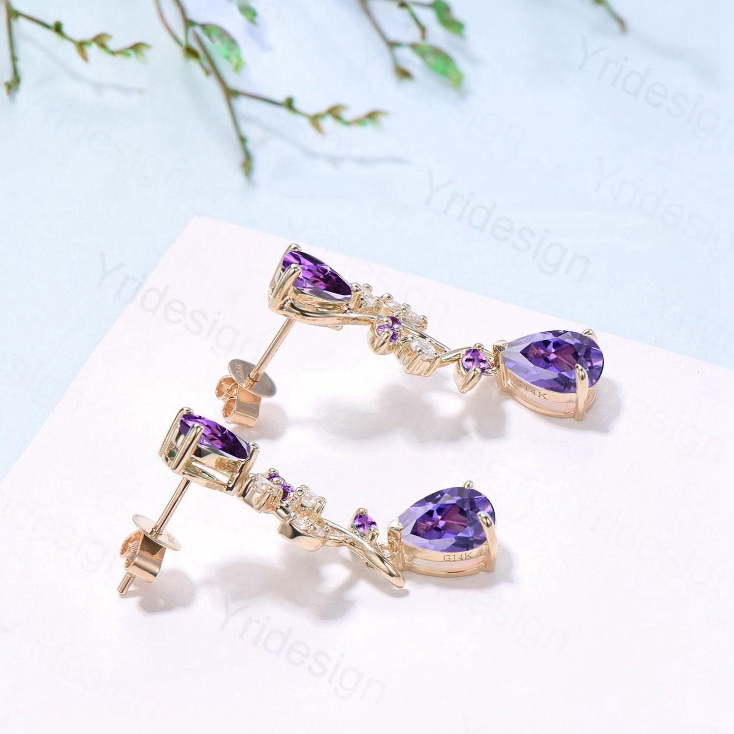 Nature Inspired Teardrop Amethyst Studs Earrings Pear Shaped Purple Gemstone Leaf Vine Stud Delicate Earrings Anniversary Promise Gift Women - PENFINE