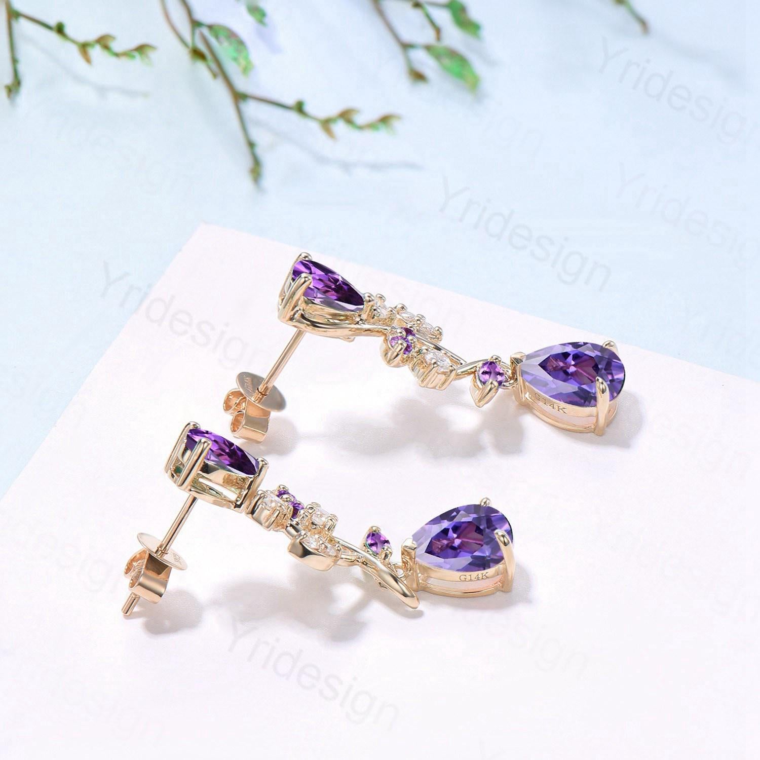Nature Inspired Teardrop Amethyst Studs Earrings Pear Shaped Purple Gemstone Leaf Vine Stud Delicate Earrings Anniversary Promise Gift Women - PENFINE
