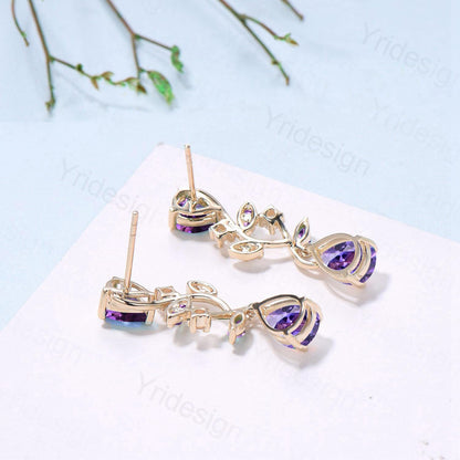 Nature Inspired Teardrop Amethyst Studs Earrings Pear Shaped Purple Gemstone Leaf Vine Stud Delicate Earrings Anniversary Promise Gift Women - PENFINE