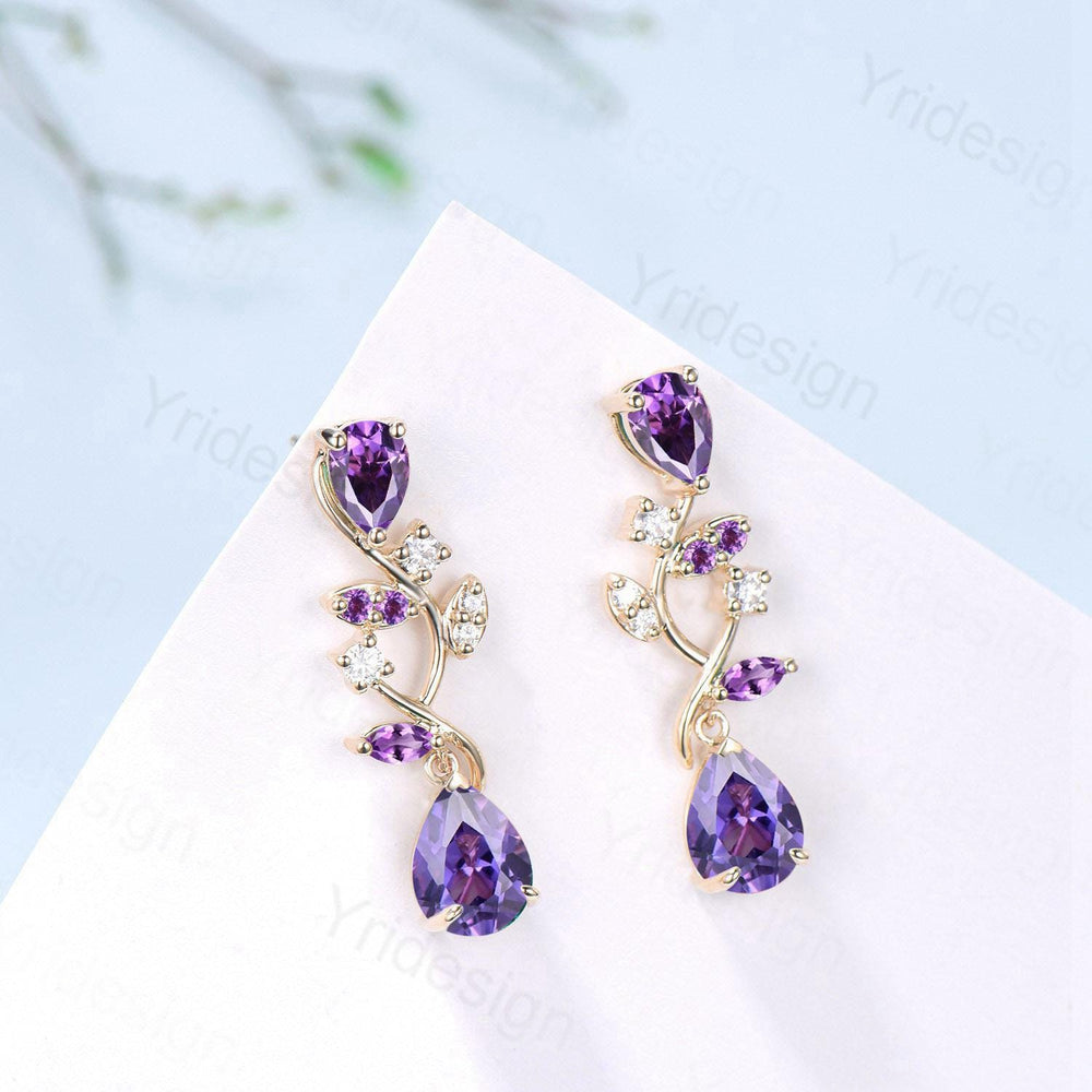Nature Inspired Teardrop Amethyst Studs Earrings Pear Shaped Purple Gemstone Leaf Vine Stud Delicate Earrings Anniversary Promise Gift Women - PENFINE