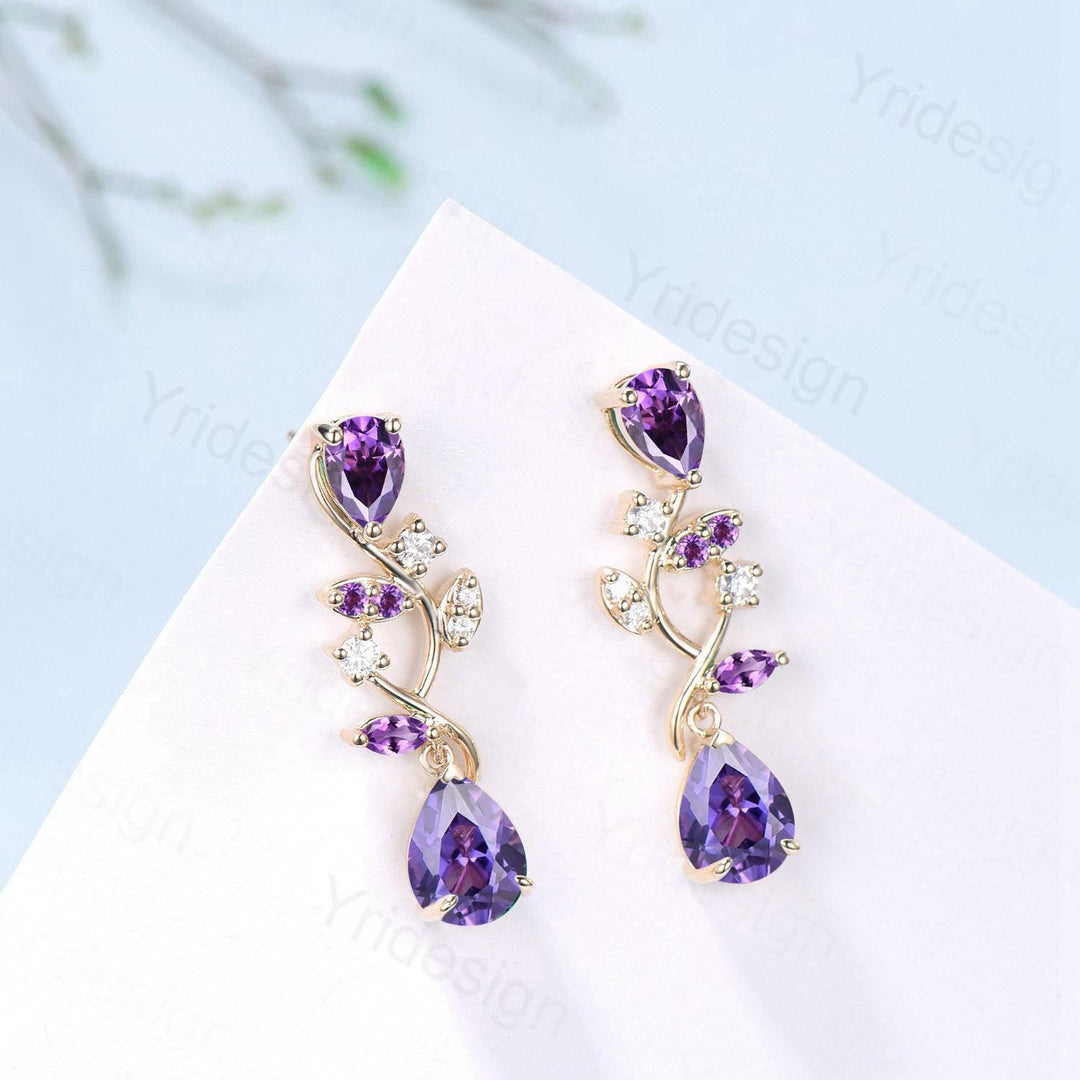 Nature Inspired Teardrop Amethyst Studs Earrings Pear Shaped Purple Gemstone Leaf Vine Stud Delicate Earrings Anniversary Promise Gift Women - PENFINE