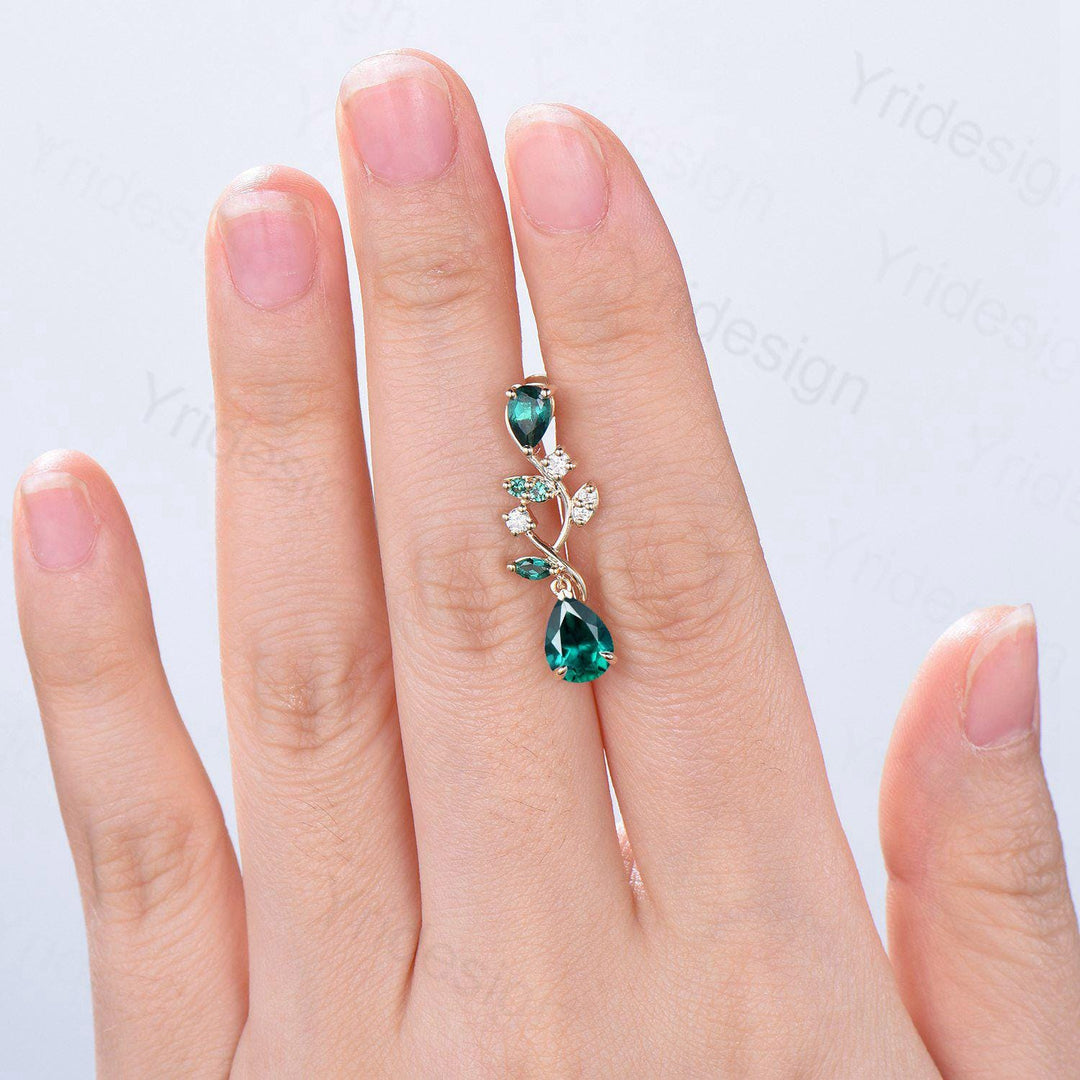 Elegant Pear Shaped Emerald Earrings Nature Inspired May Birthstone Studs Earrings Leaf Vine Handmade Anniversary Promise Gift for Daughter - PENFINE
