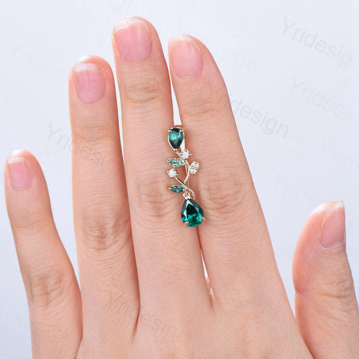 Elegant Pear Shaped Emerald Earrings Nature Inspired May Birthstone Studs Earrings Leaf Vine Handmade Anniversary Promise Gift for Daughter - PENFINE
