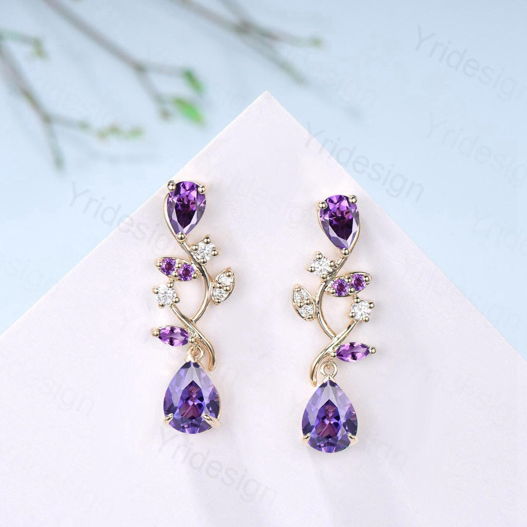 Nature Inspired Pear Shaped Purple Sapphire Earrings Elegant Amethyst Leaf Vine Earrings Silver Earrings Handmade Anniversary Promise Gift - PENFINE