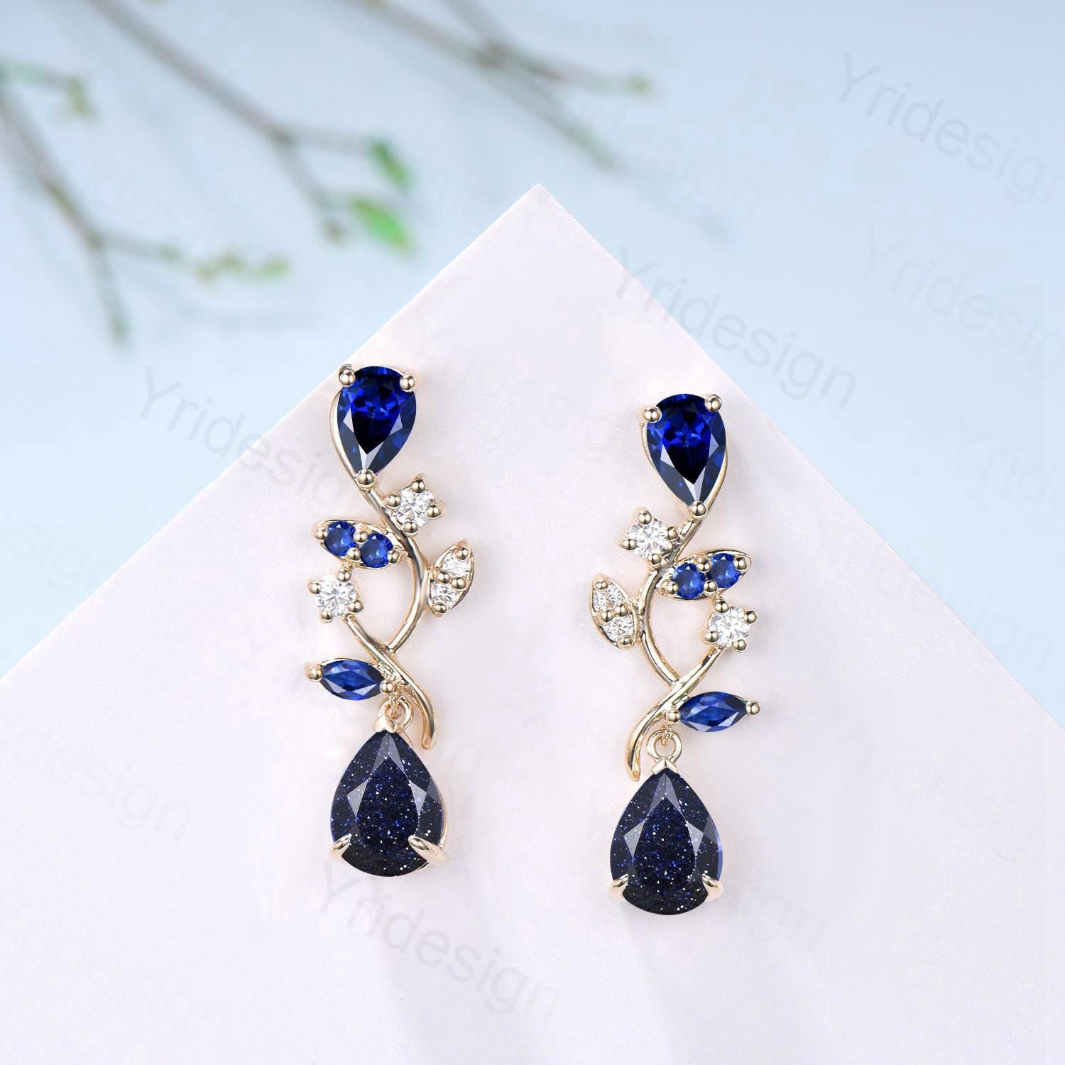 Dainty Pear Shaped Blue Sandstone Earrings Nature Inspired Sapphire Leaf Vine Stud Silver 14K Yellow Gold Anniversary Gift For Daughter - PENFINE