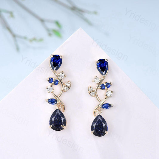 Dainty Pear Shaped Blue Sandstone Earrings Nature Inspired Sapphire Leaf Vine Stud Silver 14K Yellow Gold Anniversary Gift For Daughter - PENFINE