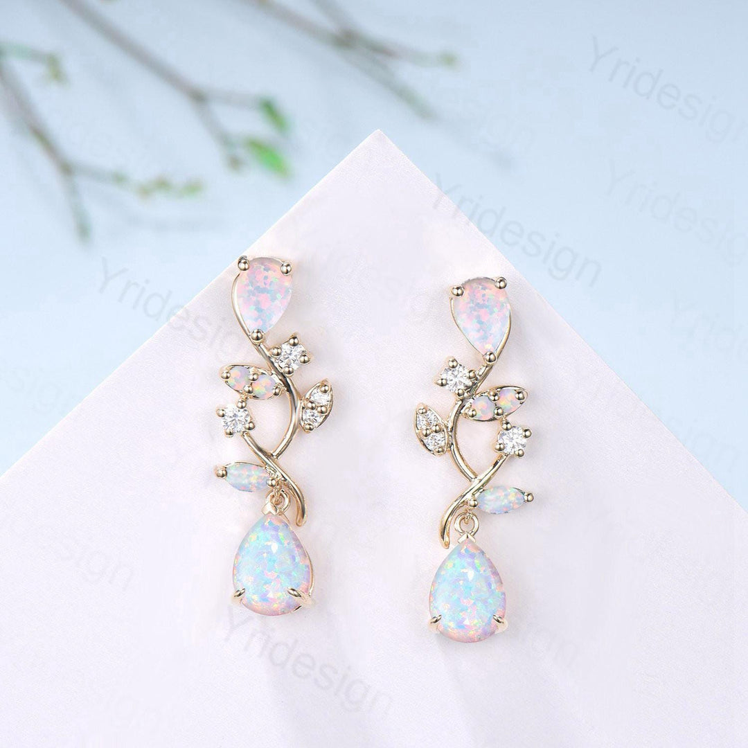 Nature Inspired Teardrop Opal Earrings Elegant Pear Shaped White Fire Opal Leaf Stud 14K Yellow Gold October Birthstone  Anniversary Gift - PENFINE