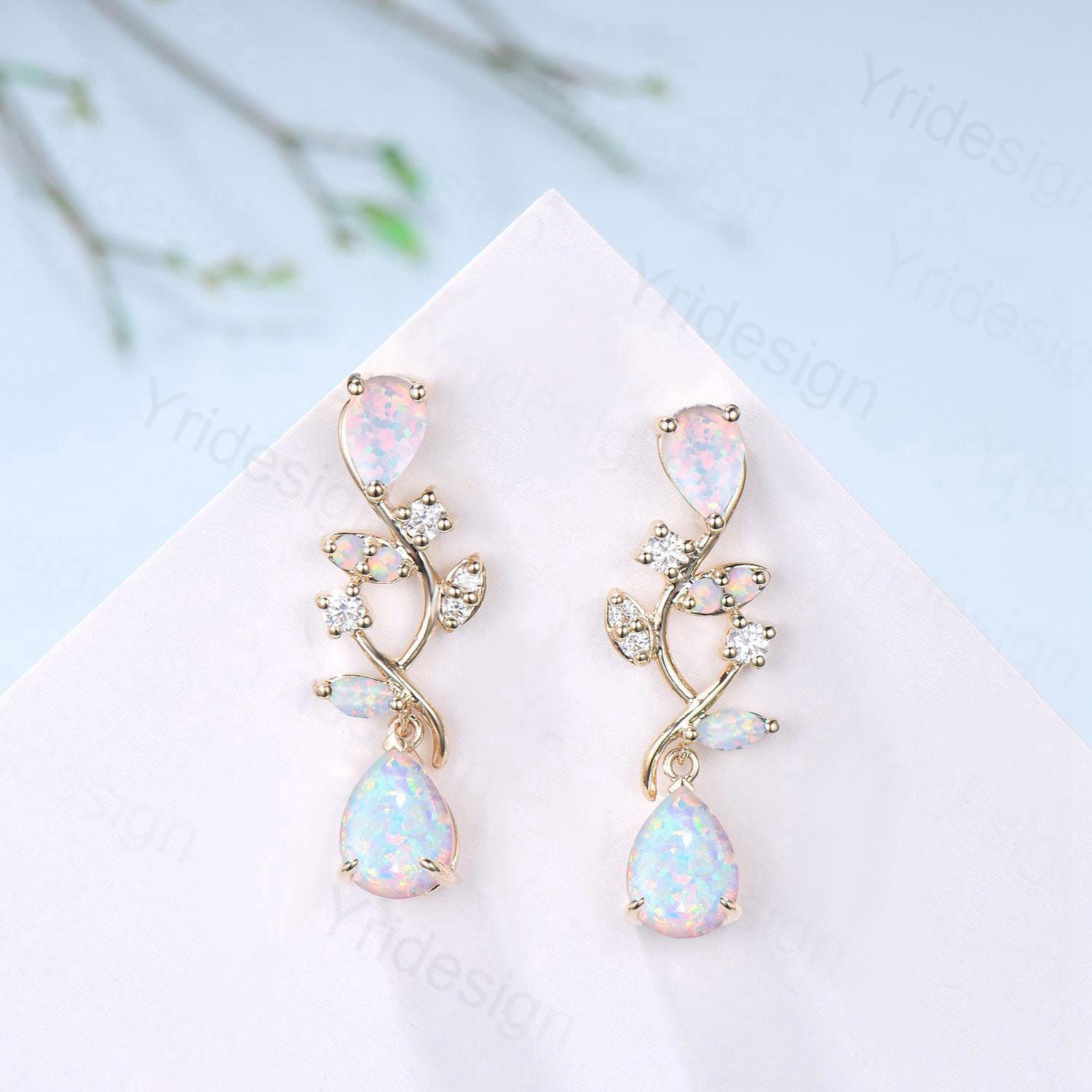 Nature Inspired Teardrop Opal Earrings Elegant Pear Shaped White Fire Opal Leaf Stud 14K Yellow Gold October Birthstone  Anniversary Gift - PENFINE