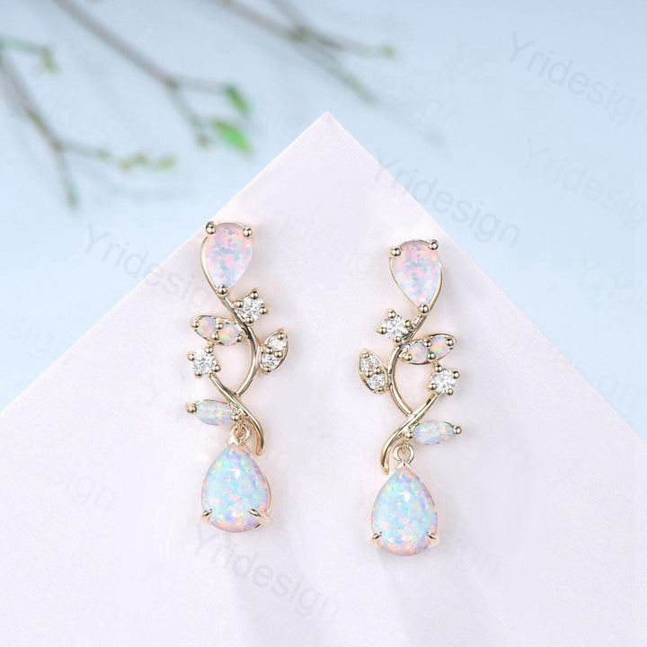 Nature Inspired Teardrop Opal Earrings Elegant Pear Shaped White Fire Opal Leaf Stud 14K Yellow Gold October Birthstone  Anniversary Gift - PENFINE