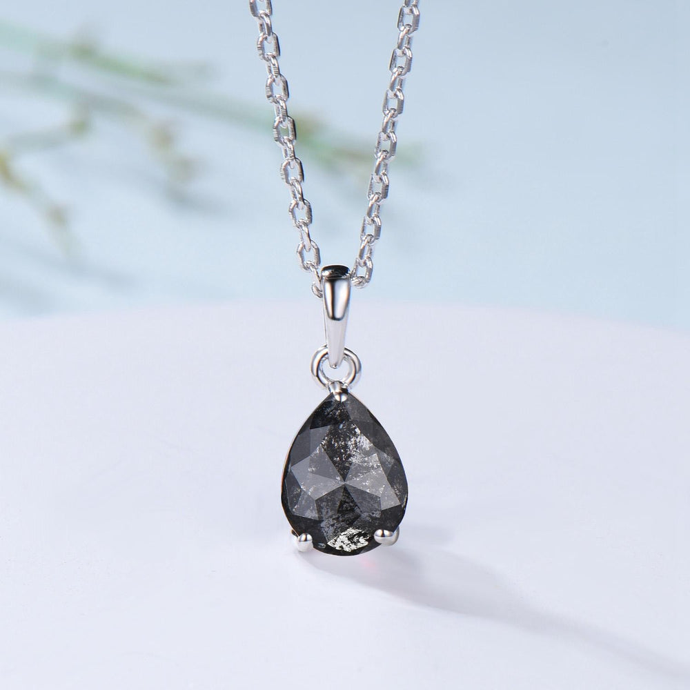 Dainty Pear Shaped Salt and Pepper Diamond Wedding Bridal  Set, 18K White Gold Peper Diamond Engagement Ring/Pendnat Nekclace/Studs Earrings - PENFINE