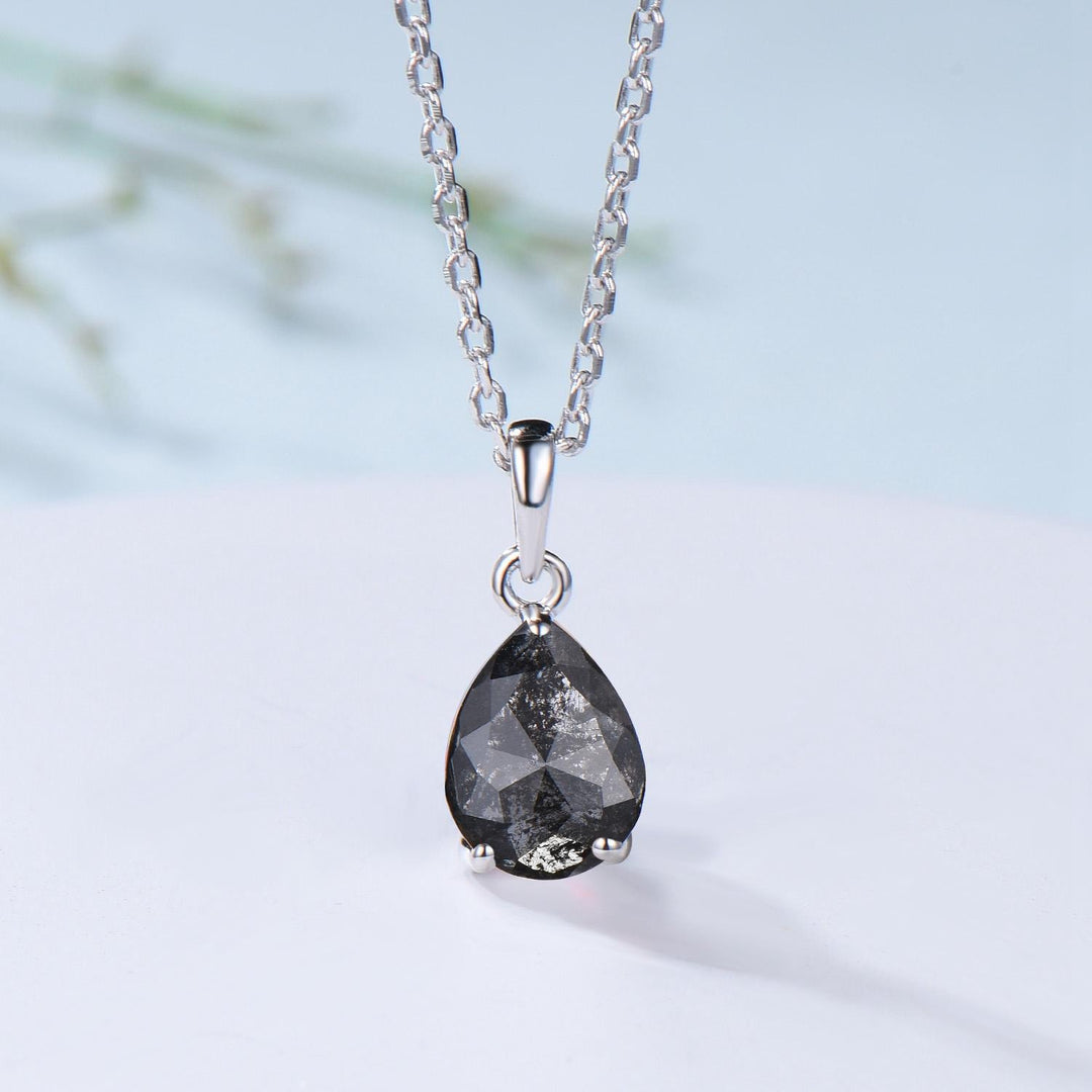 Dainty Pear Shaped Salt and Pepper Diamond Wedding Bridal  Set, 18K White Gold Peper Diamond Engagement Ring/Pendnat Nekclace/Studs Earrings - PENFINE