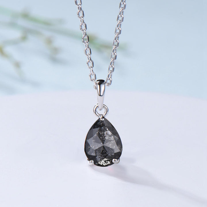 Dainty Pear Shaped Salt and Pepper Diamond Wedding Bridal  Set, 18K White Gold Peper Diamond Engagement Ring/Pendnat Nekclace/Studs Earrings - PENFINE