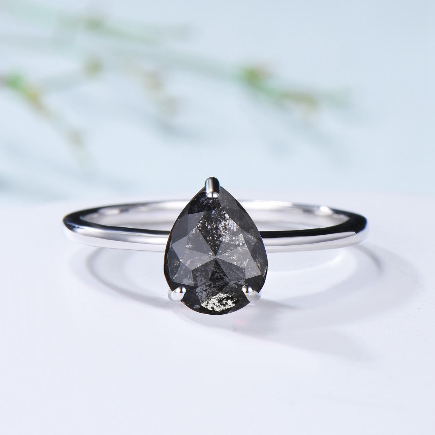 Dainty Pear Shaped Salt and Pepper Diamond Wedding Bridal  Set, 18K White Gold Peper Diamond Engagement Ring/Pendnat Nekclace/Studs Earrings - PENFINE