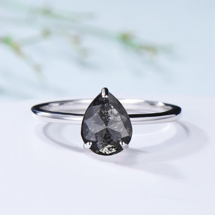 Dainty Pear Shaped Salt and Pepper Diamond Wedding Bridal  Set, 18K White Gold Peper Diamond Engagement Ring/Pendnat Nekclace/Studs Earrings - PENFINE