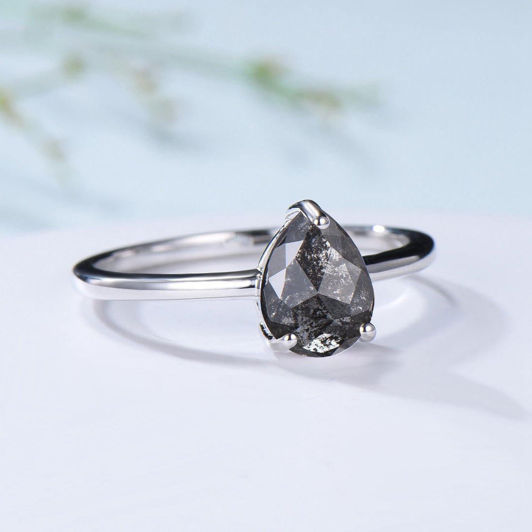 Dainty Pear Shaped Salt and Pepper Diamond Wedding Bridal  Set, 18K White Gold Peper Diamond Engagement Ring/Pendnat Nekclace/Studs Earrings - PENFINE