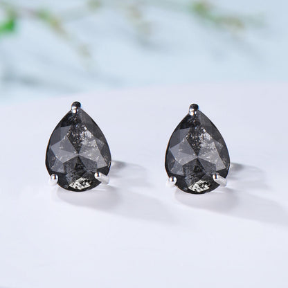 Dainty Pear Shaped Salt and Pepper Diamond Wedding Bridal  Set, 18K White Gold Peper Diamond Engagement Ring/Pendnat Nekclace/Studs Earrings - PENFINE